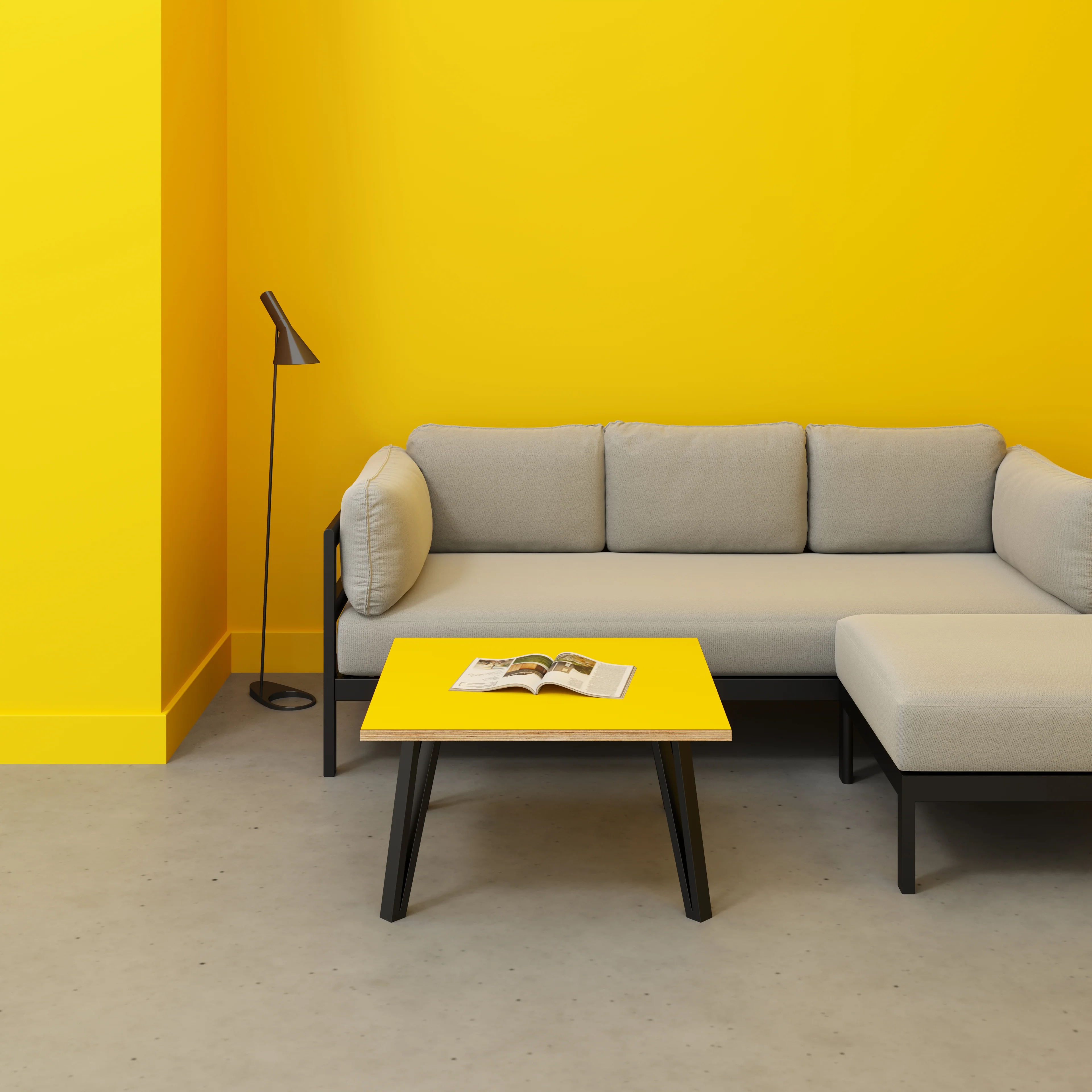 Plywood Coffee Table with Black Box Hairpin Legs - Formica Chrome Yellow - 800(w) x 800(d) x 425(h) - Image 2