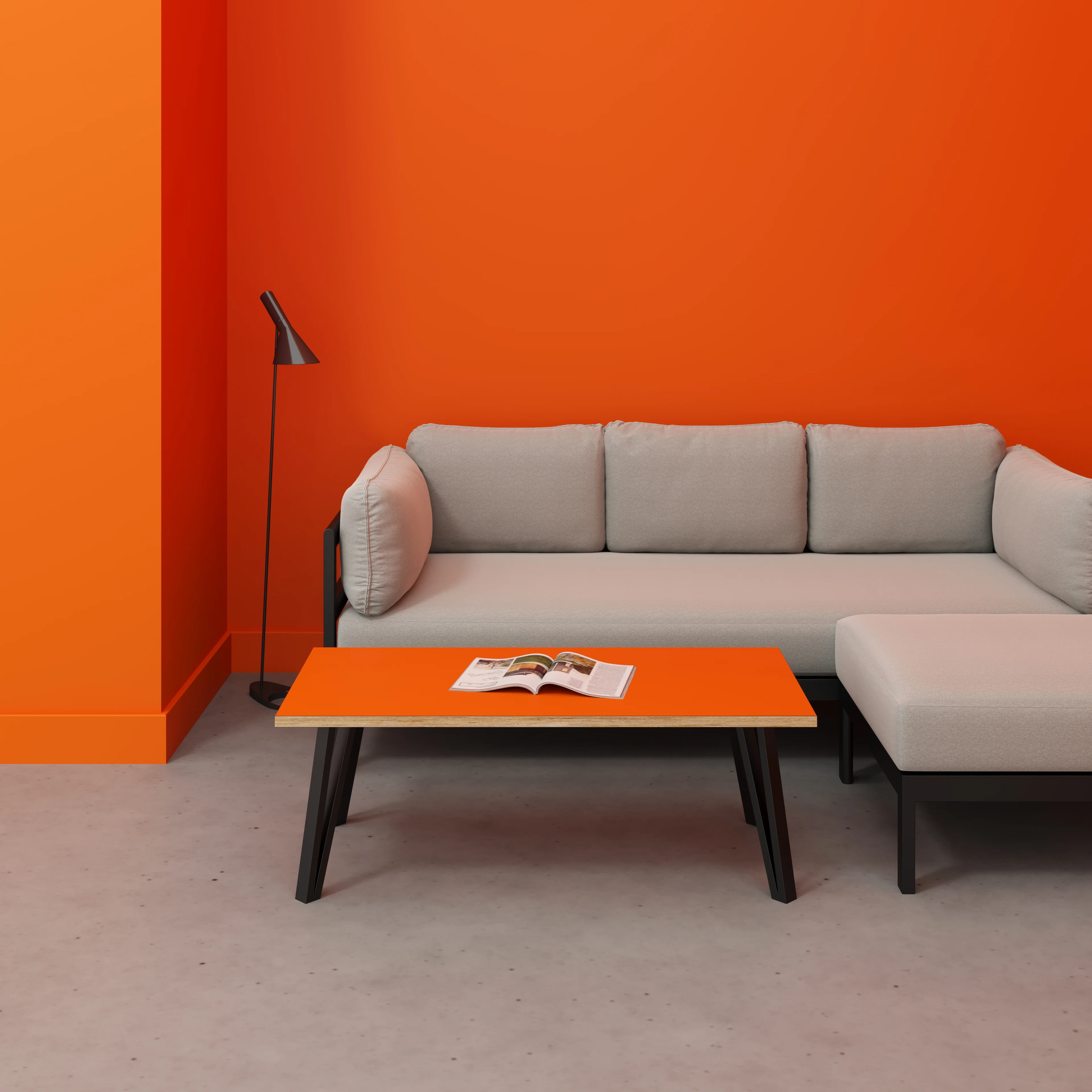 Plywood Coffee Table with Black Box Hairpin Legs - Formica Levante Orange - 1200(w) x 600(d) x 425(h) - Image 2