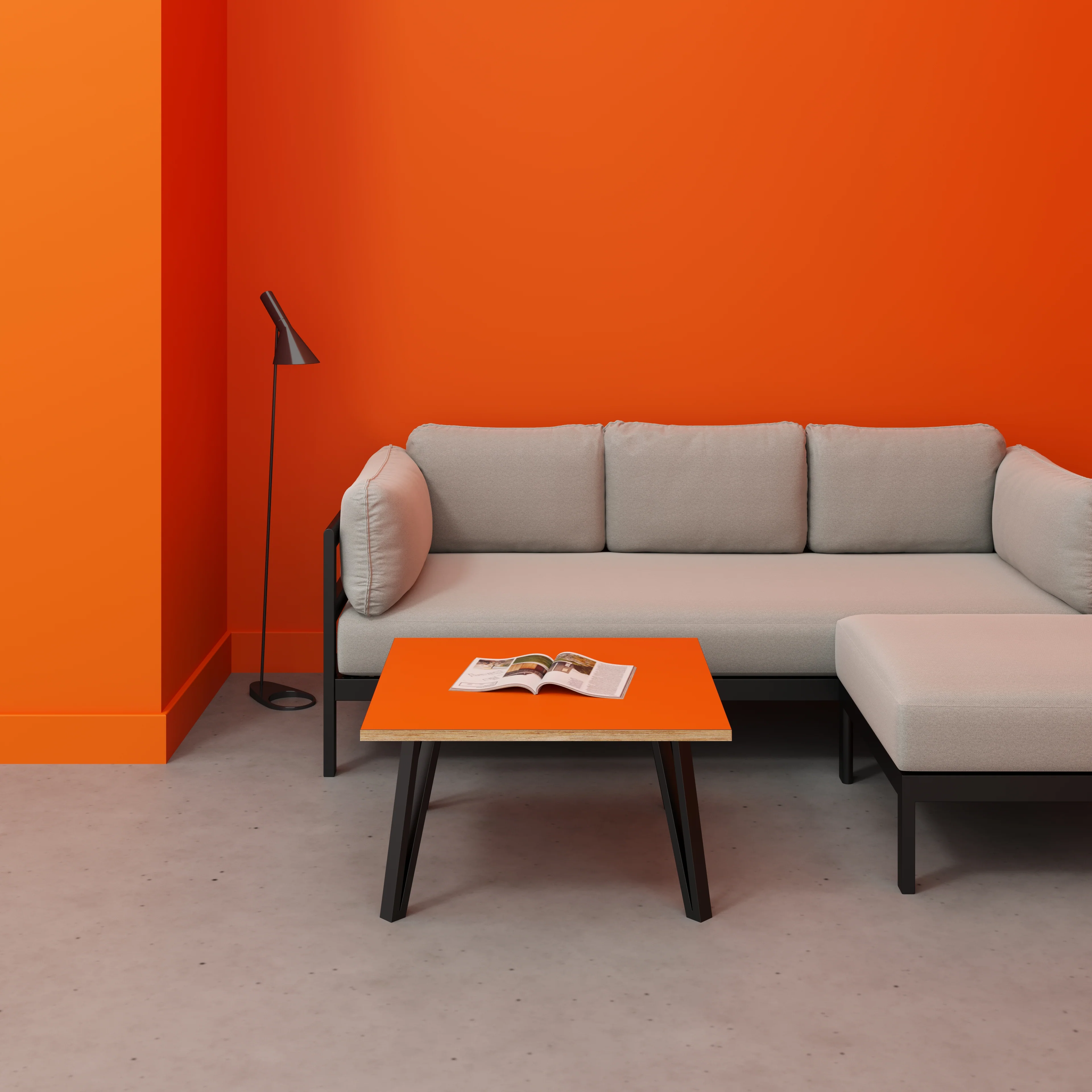 Plywood Coffee Table with Black Box Hairpin Legs - Formica Levante Orange - 800(w) x 800(d) x 425(h) - Image 2