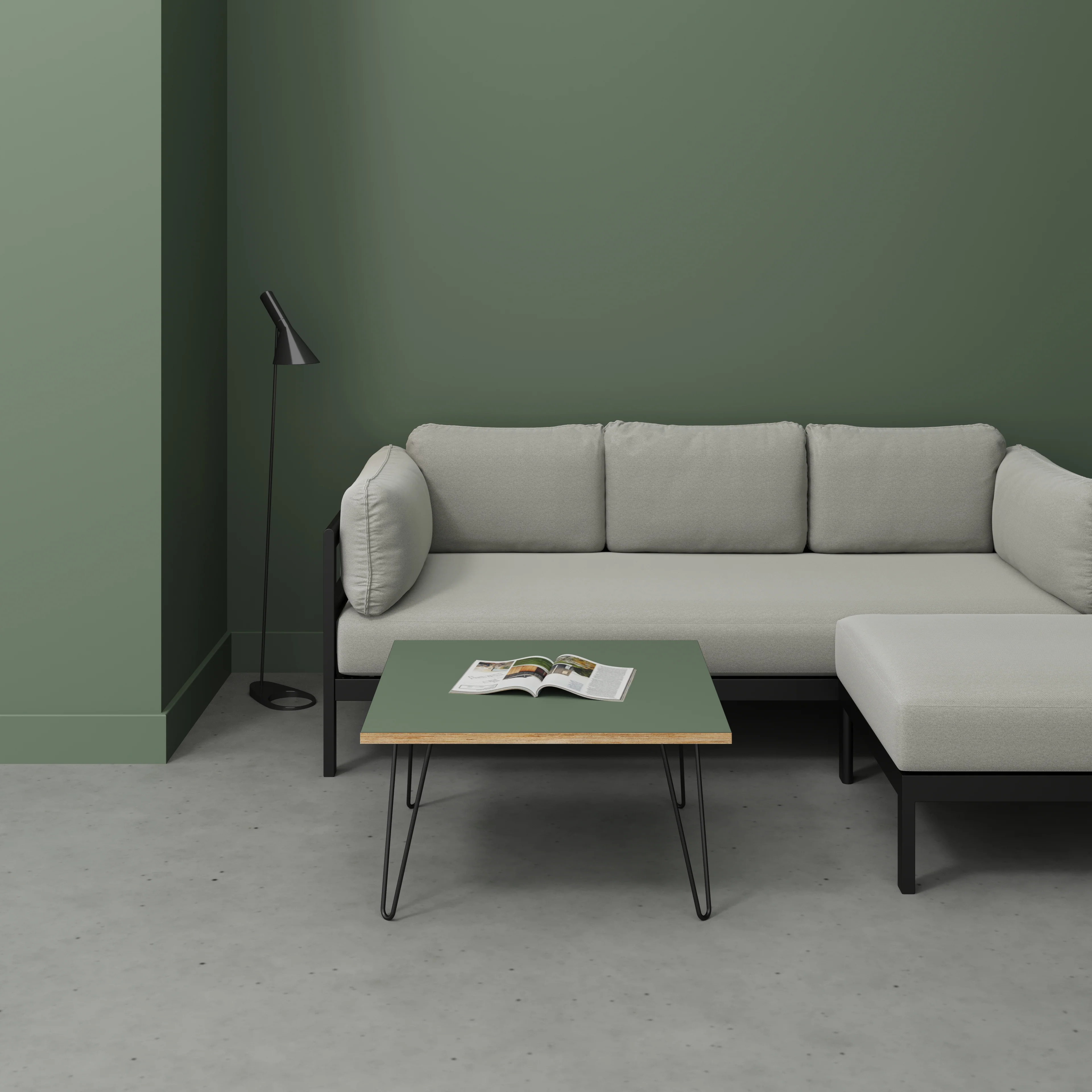 Plywood Coffee Table with Black Hairpin Legs - Formica Green Slate - 800(w) x 800(d) x 425(h) - Image 2