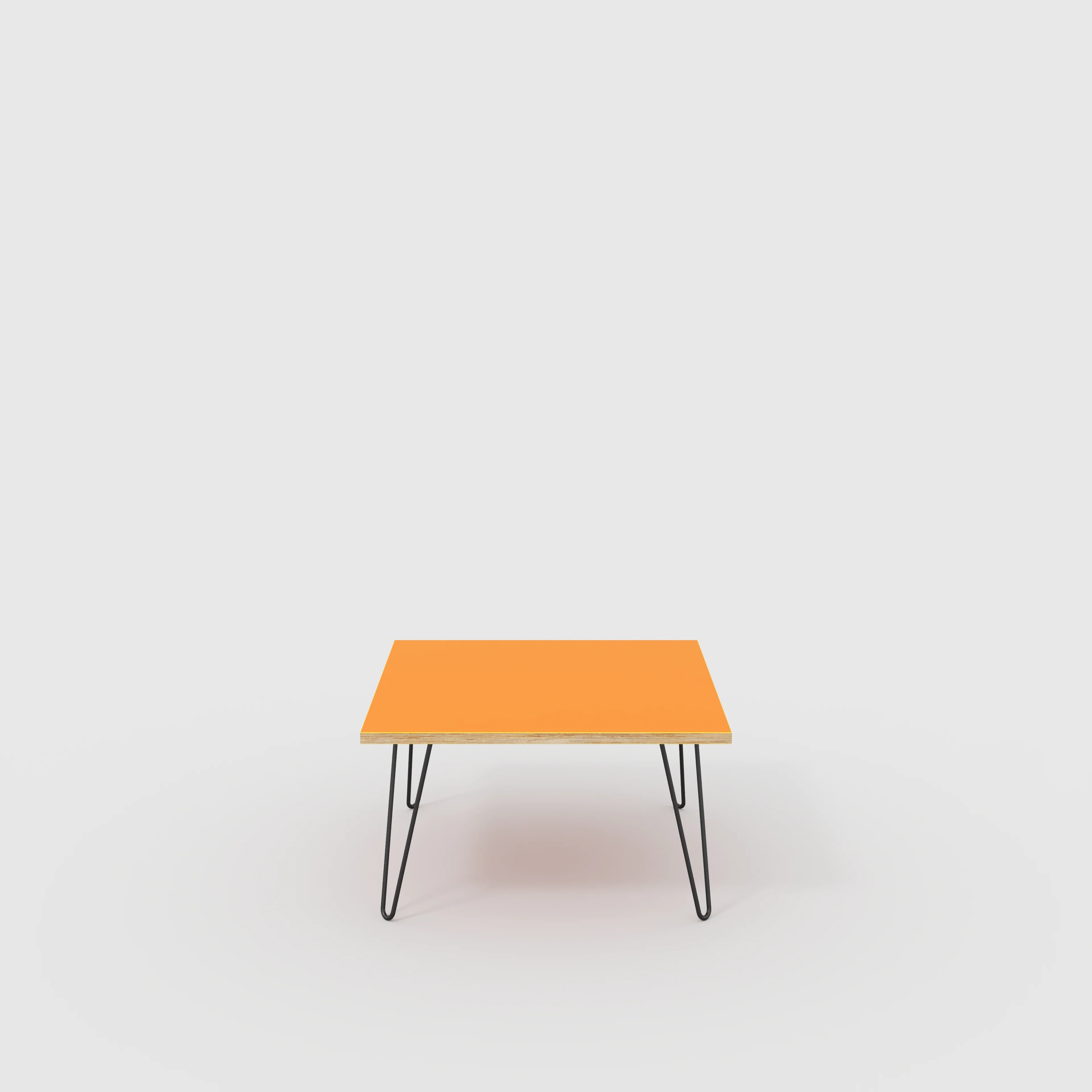 Plywood Coffee Table with Black Hairpin Legs - Formica Levante Orange - 800(w) x 800(d) x 425(h)