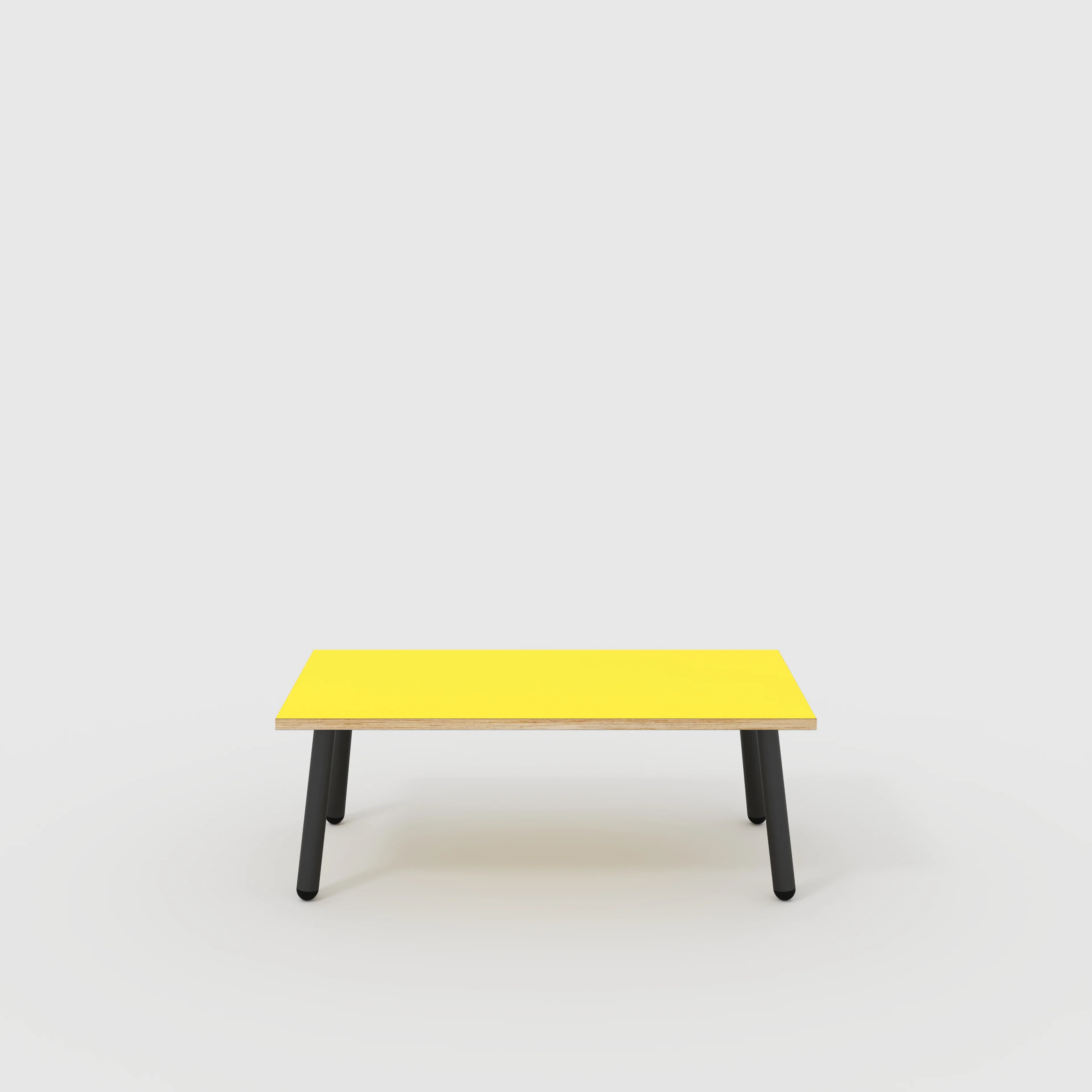 Plywood Coffee Table with Black Round Single Pin Legs - Formica Chrome Yellow - 1200(w) x 600(d) x 425(h)