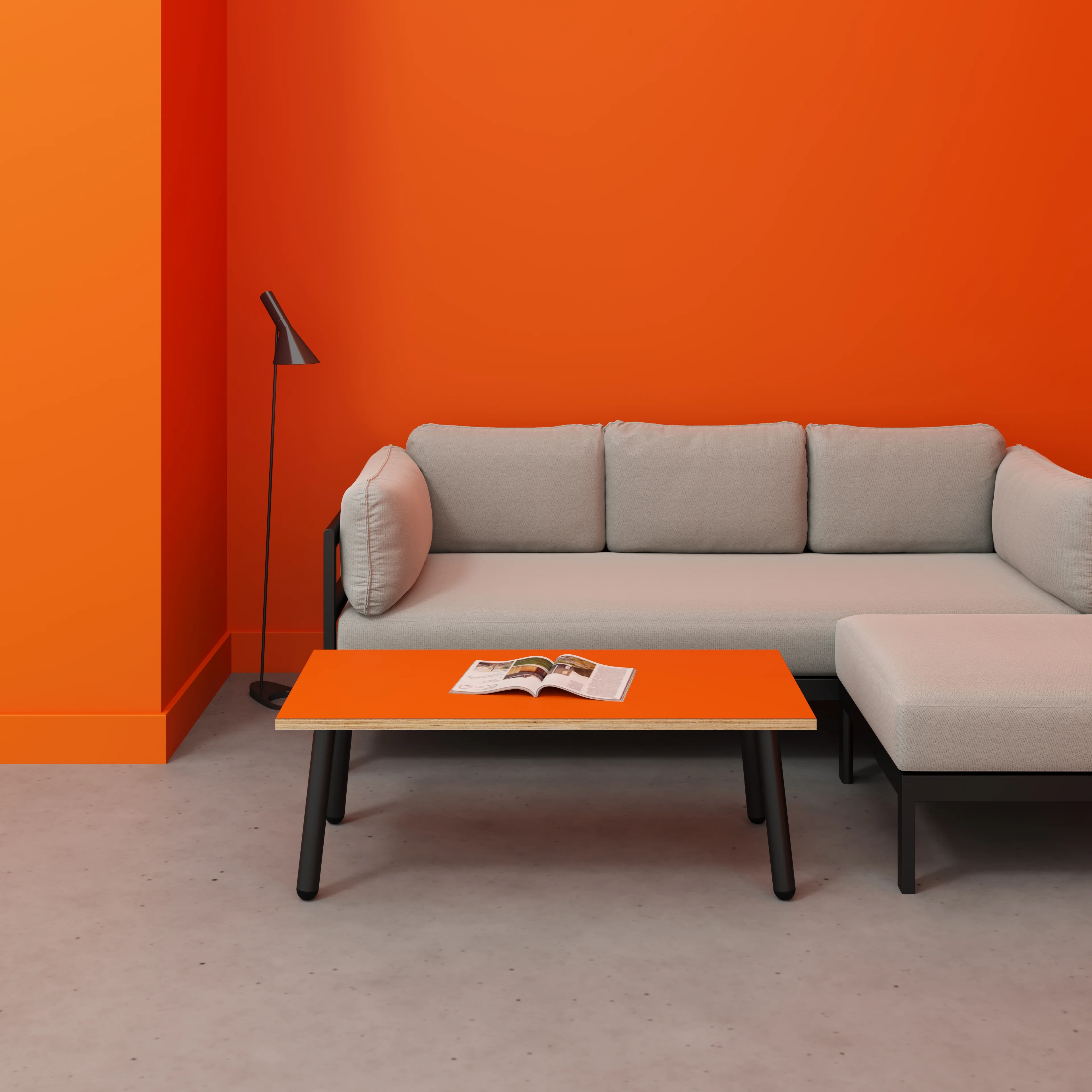 Plywood Coffee Table with Black Round Single Pin Legs - Formica Levante Orange - 1200(w) x 600(d) x 425(h) - Image 2