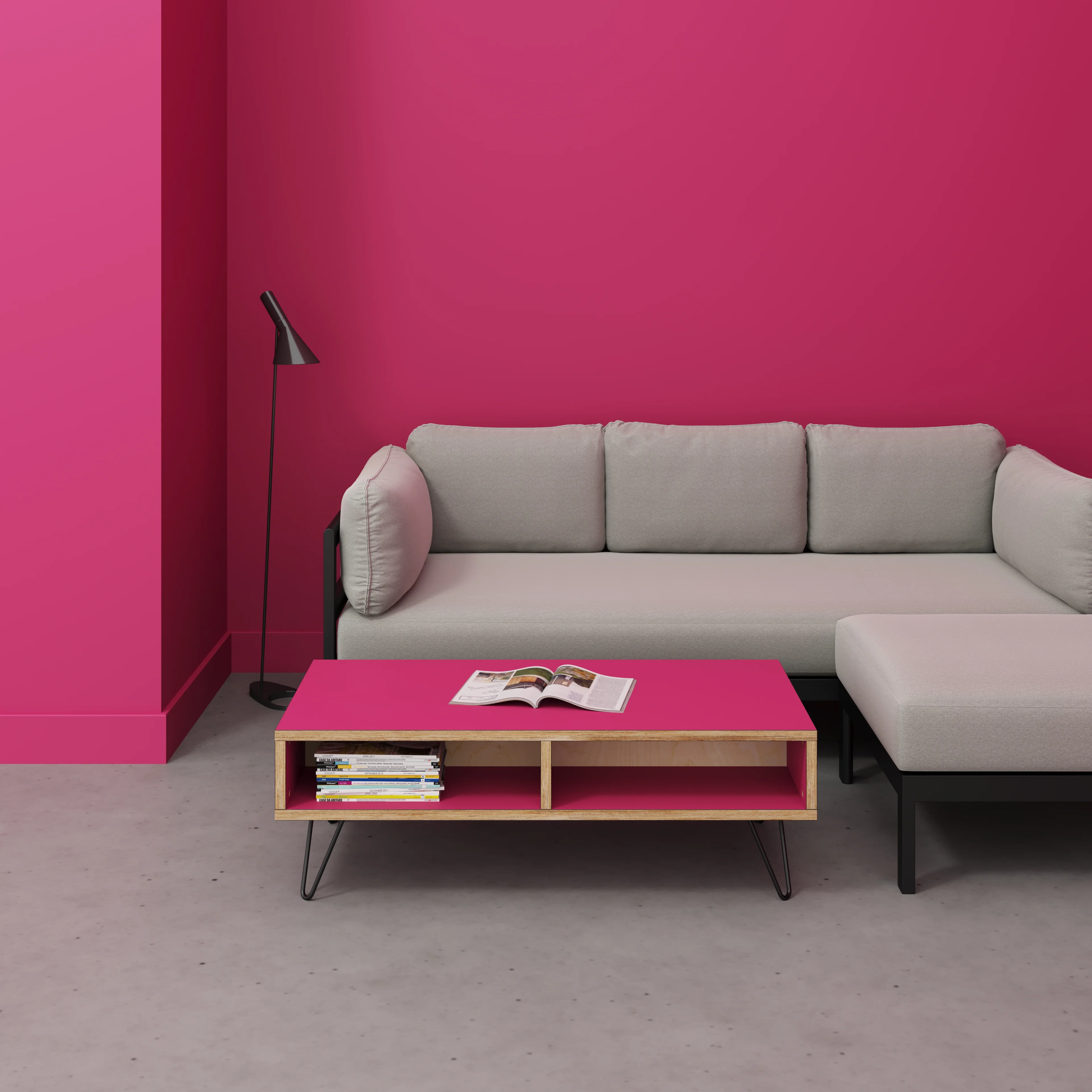 Plywood Coffee Table with Box Storage and Black Hairpin Legs - Formica Juicy Pink - 1200(w) x 600(d) x 400(h) - Image 2