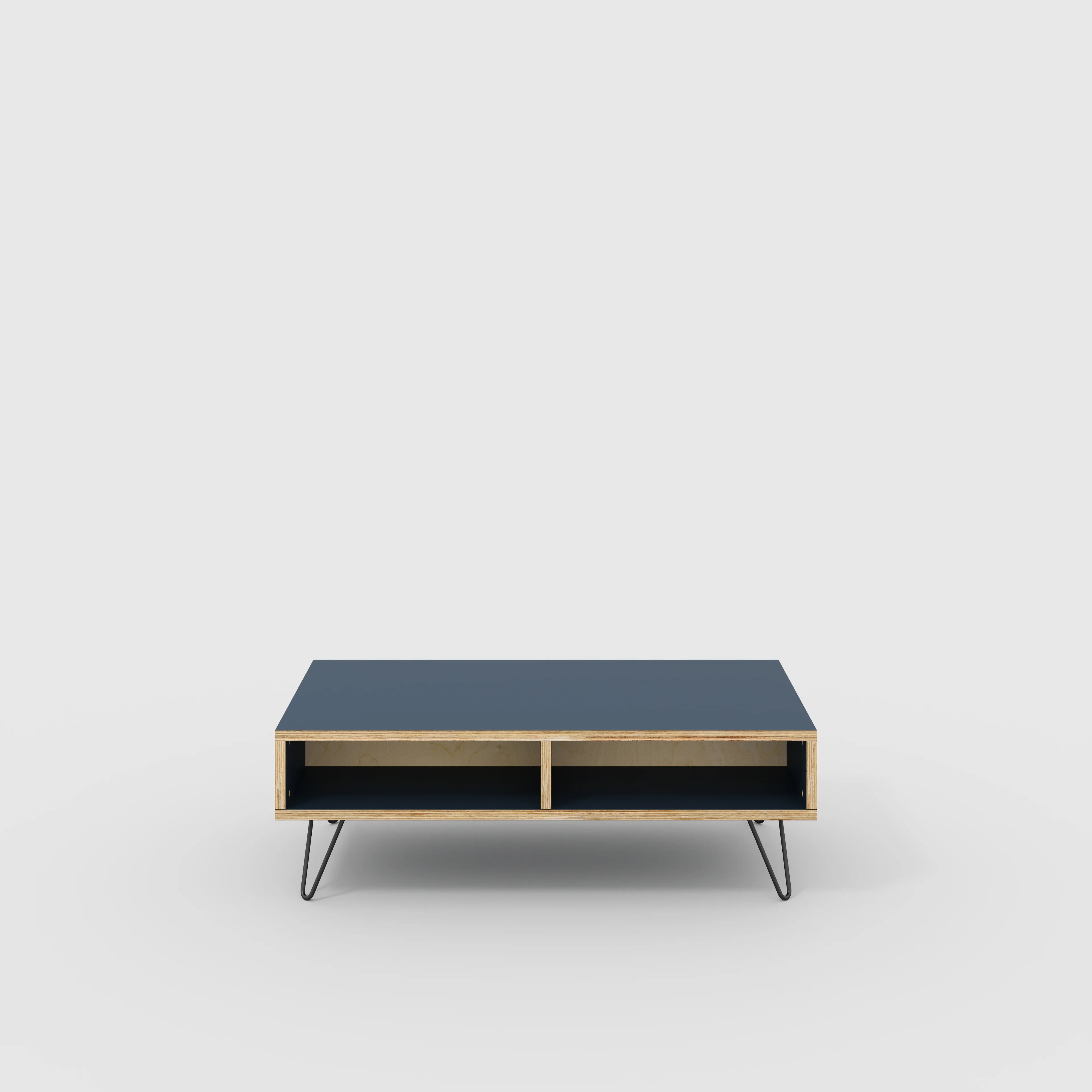 Plywood Coffee Table with Box Storage and Black Hairpin Legs - Formica Night Sea Blue - 1200(w) x 600(d) x 400(h)