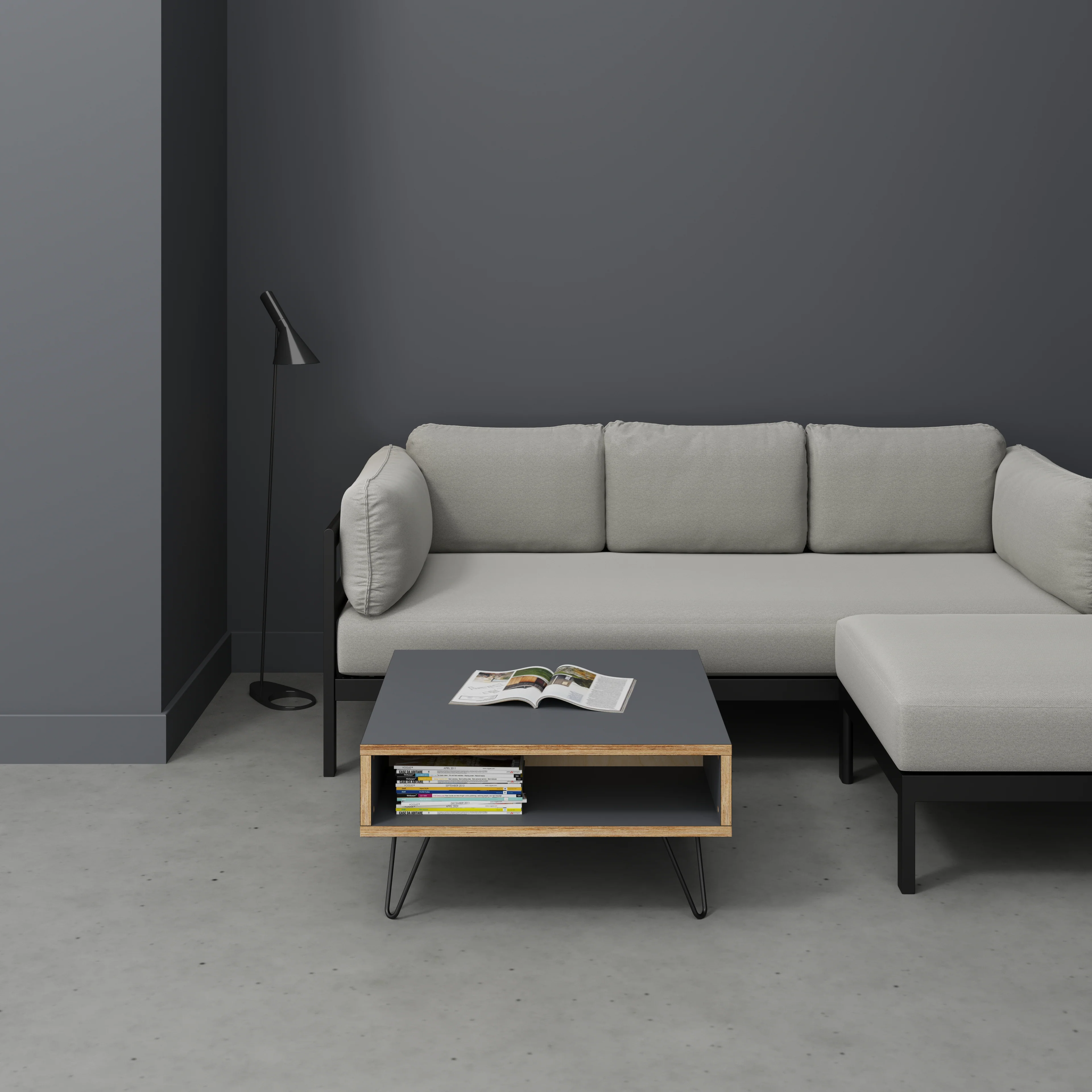 Plywood Coffee Table with Box Storage and Black Hairpin Legs - Formica Tornado Grey - 800(w) x 800(d) x 400(h) - Image 2