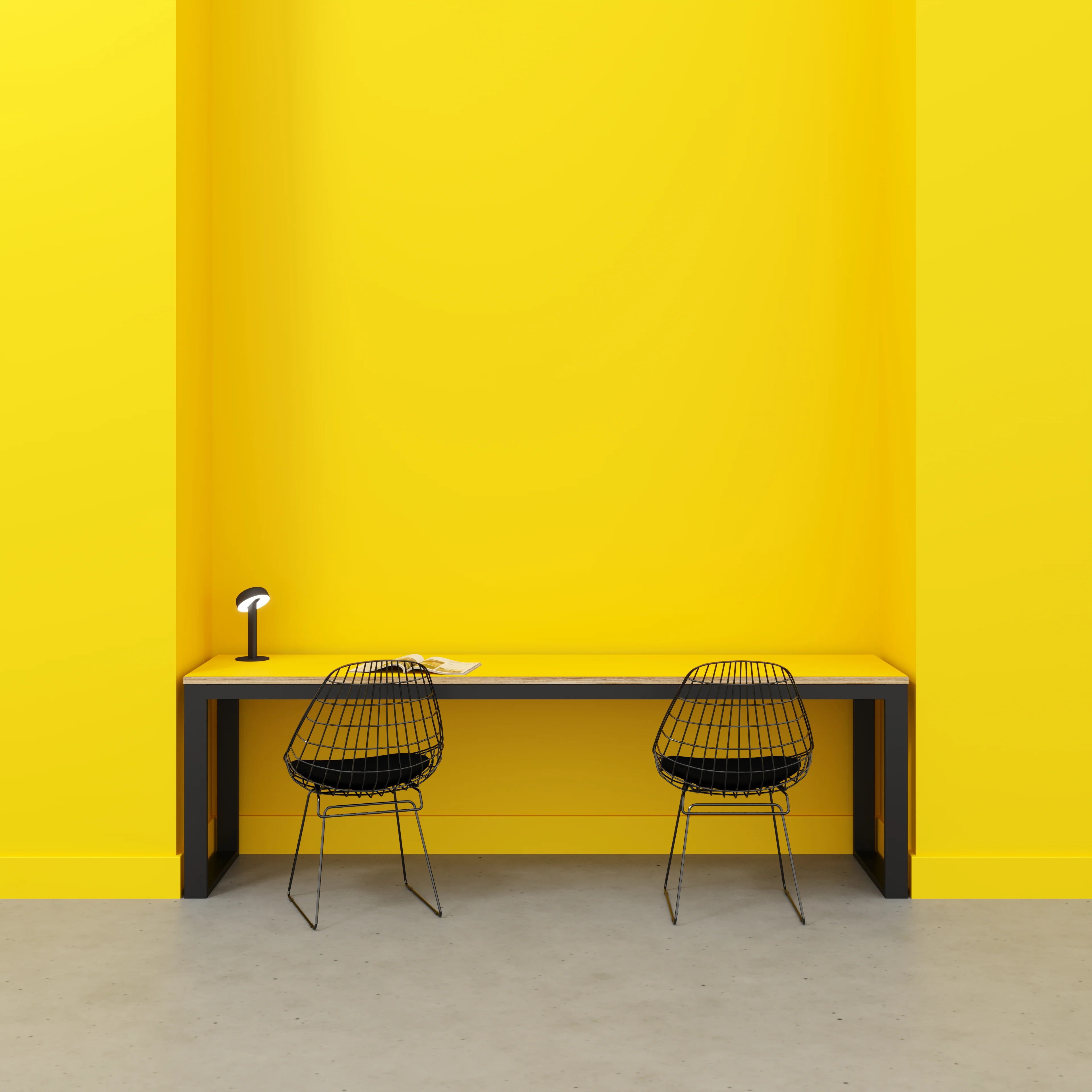 Plywood Desk with Black Industrial Frame - Formica Chrome Yellow - 2400(w) x 585(d) x 735(h) - Image 2