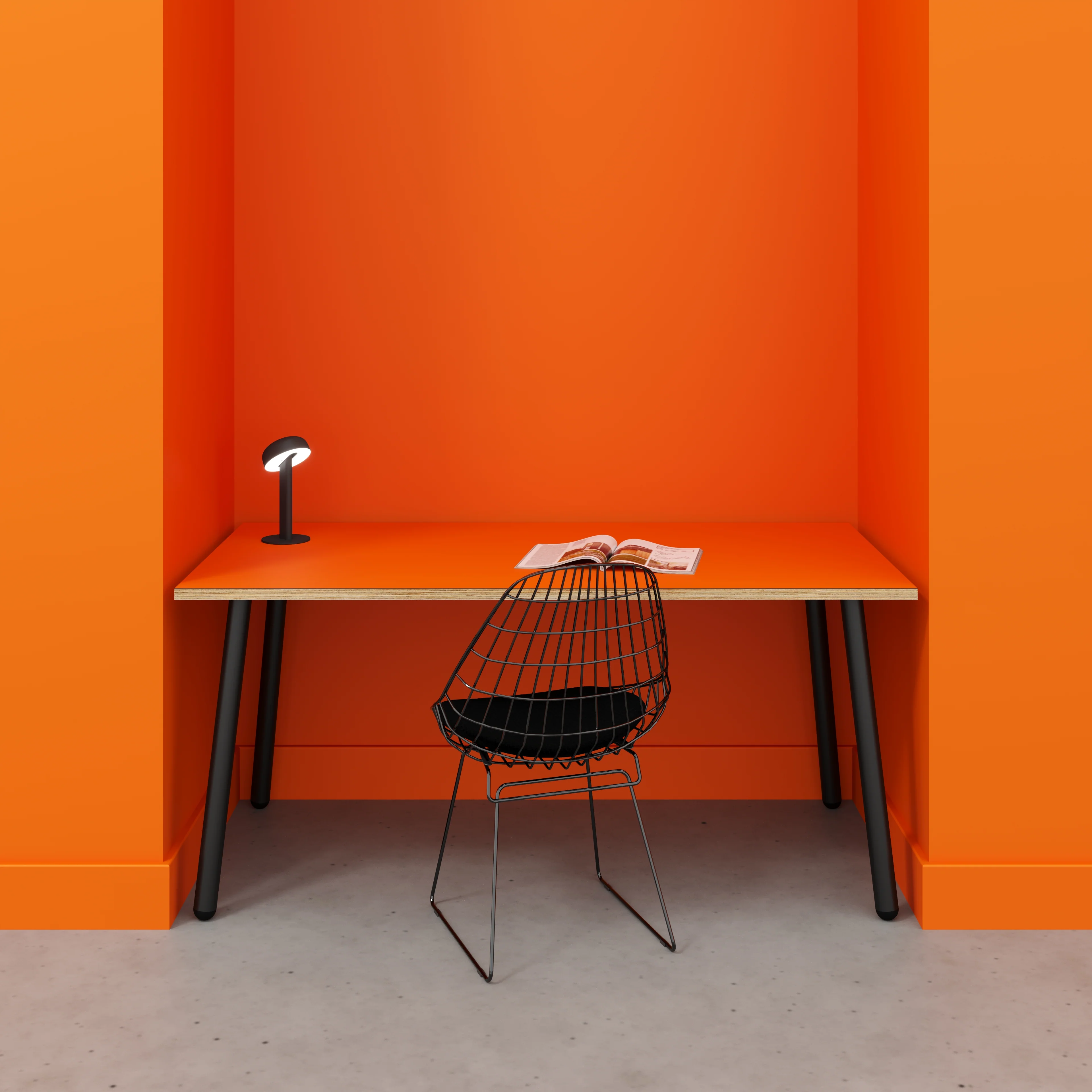 Plywood Desk with Black Round Single Pin Legs - Formica Levante Orange - 1600(w) x 800(d) x 735(h) - Image 2