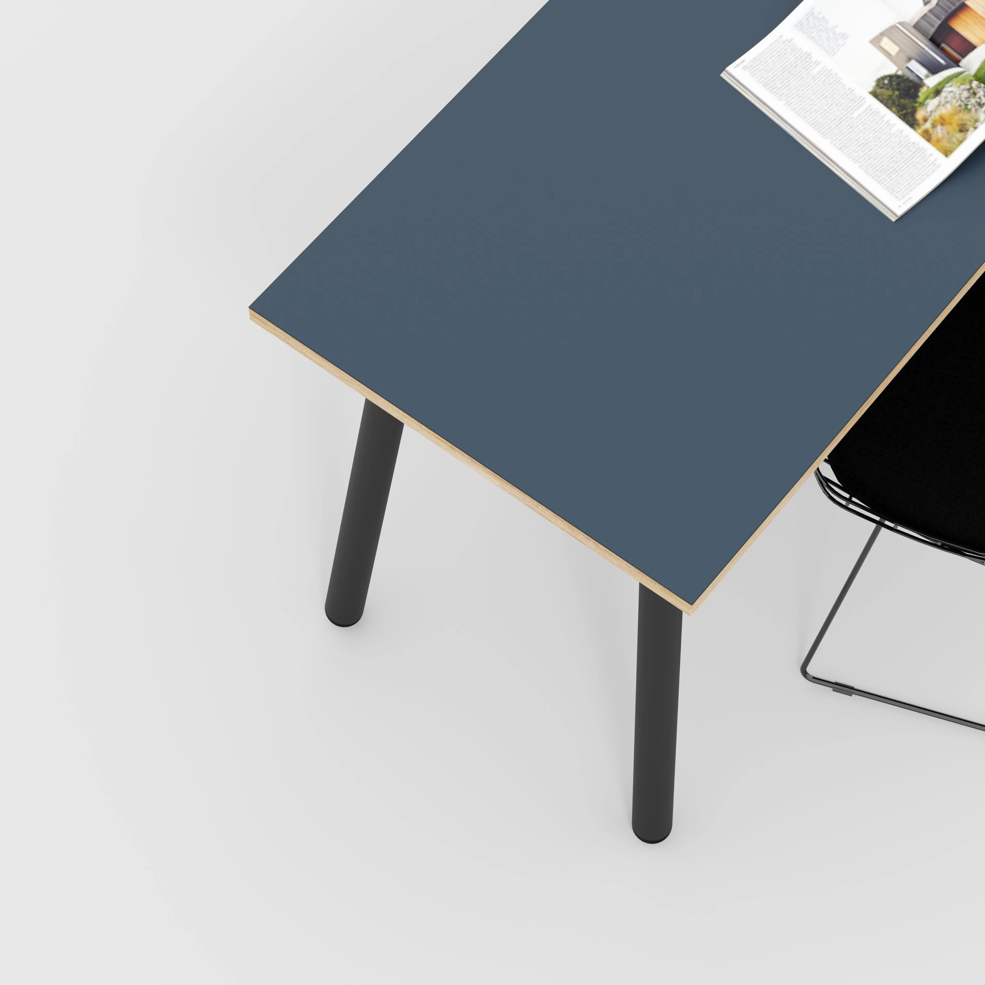 Plywood Desk with Black Round Single Pin Legs - Formica Night Sea Blue - 1200(w) x 600(d) x 735(h) - Image 3