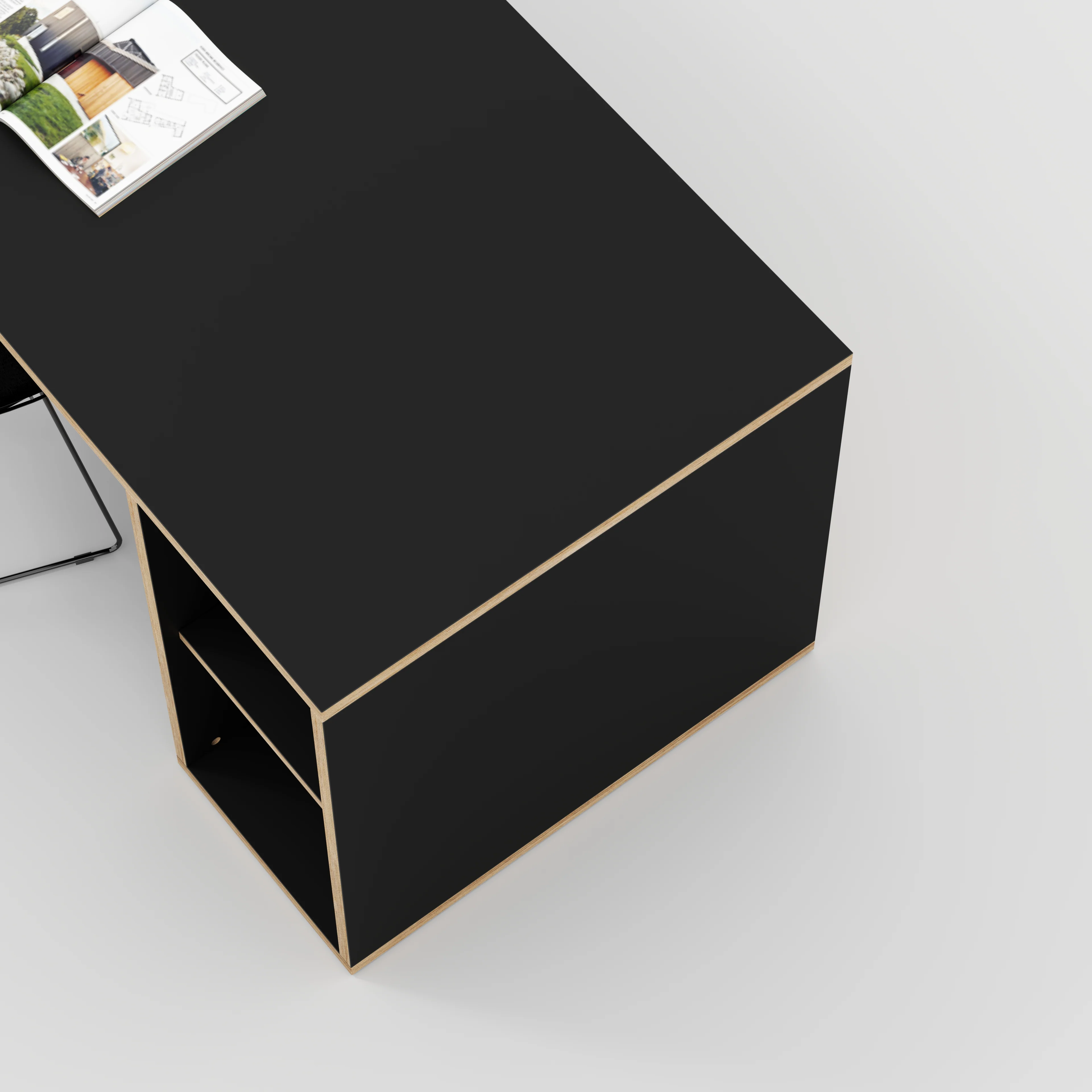 Plywood Desk with Storage Type 1 RH - Open Shelves - Formica Diamond Black - 1600(w) x 800(d) x 750(h) - Image 3