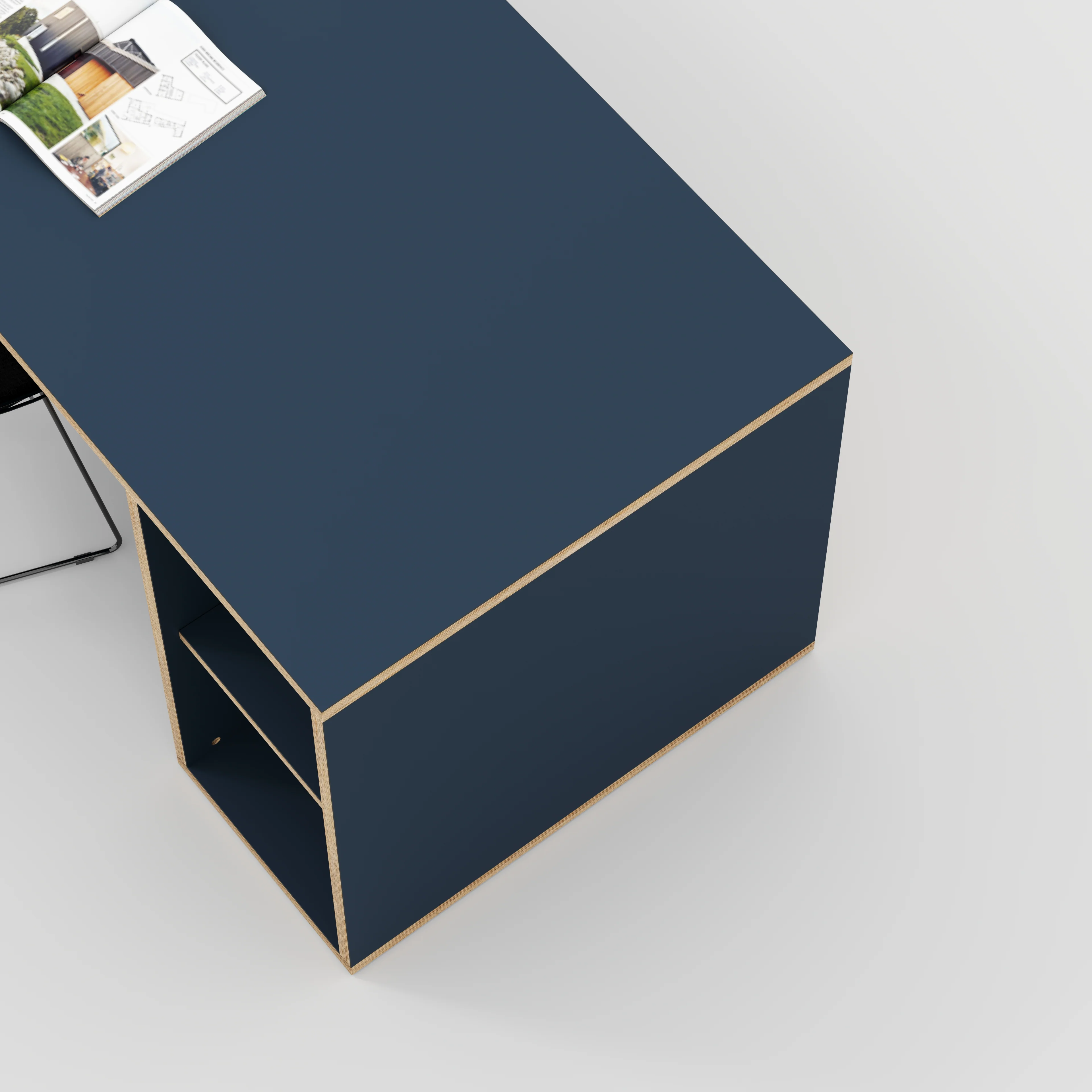 Plywood Desk with Storage Type 1 RH - Open Shelves - Formica Night Sea Blue - 1600(w) x 800(d) x 750(h) - Image 3