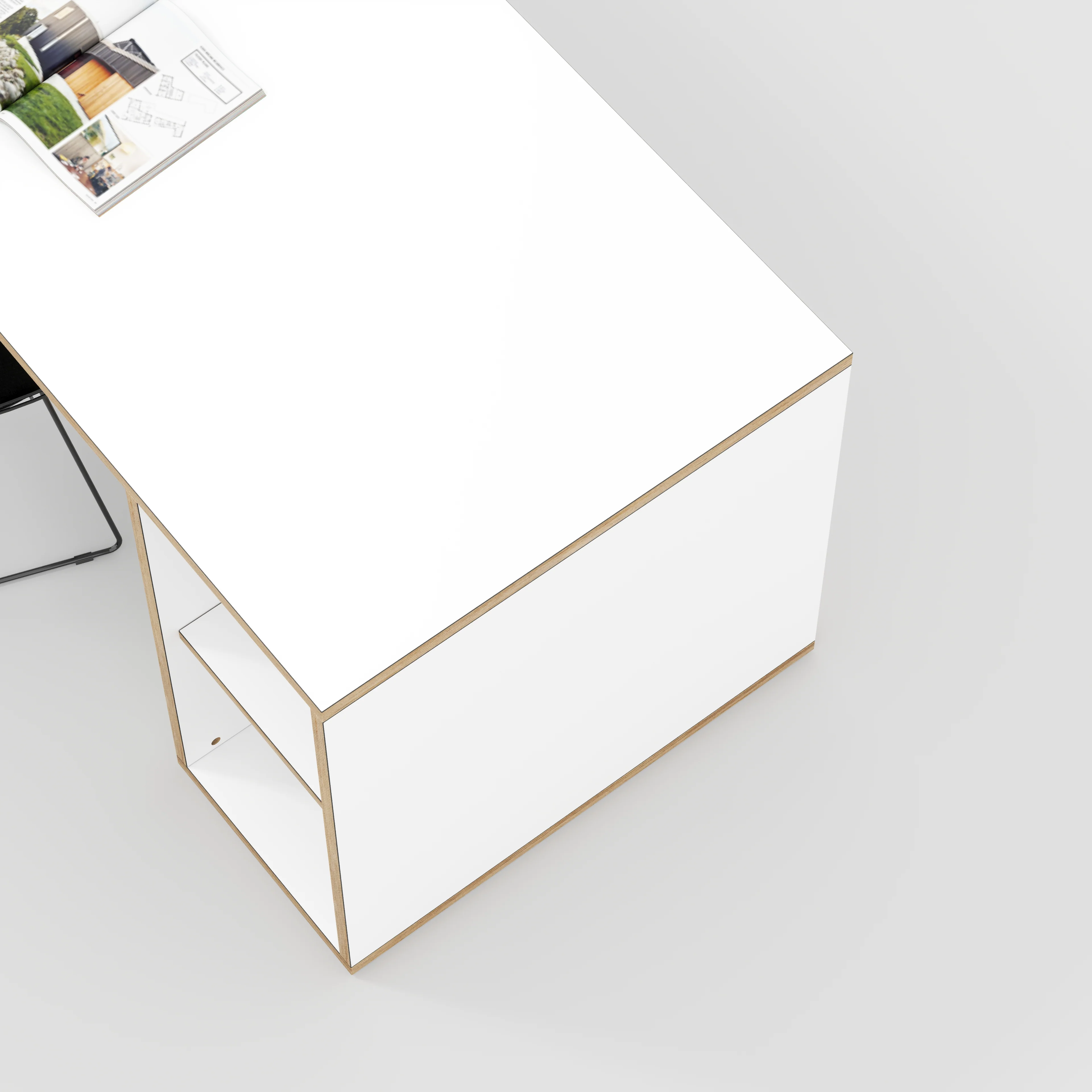 Plywood Desk with Storage Type 1 RH - Open Shelves - Formica White - 2000(w) x 800(d) x 750(h) - Image 3