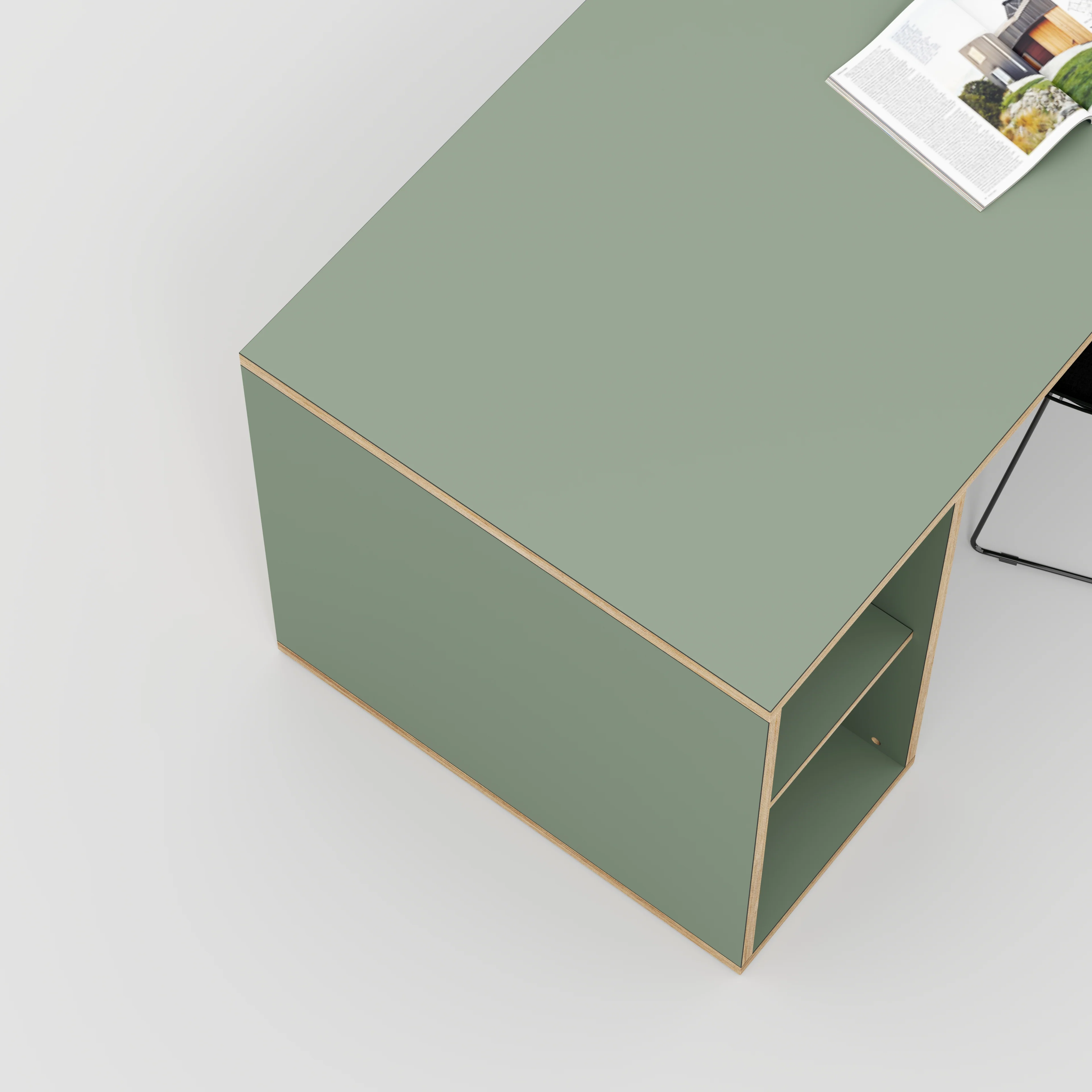 Plywood Desk with Storage Type 2 - Open Shelves - Formica Green Slate - 1600(w) x 800(d) x 750(h) - Image 3
