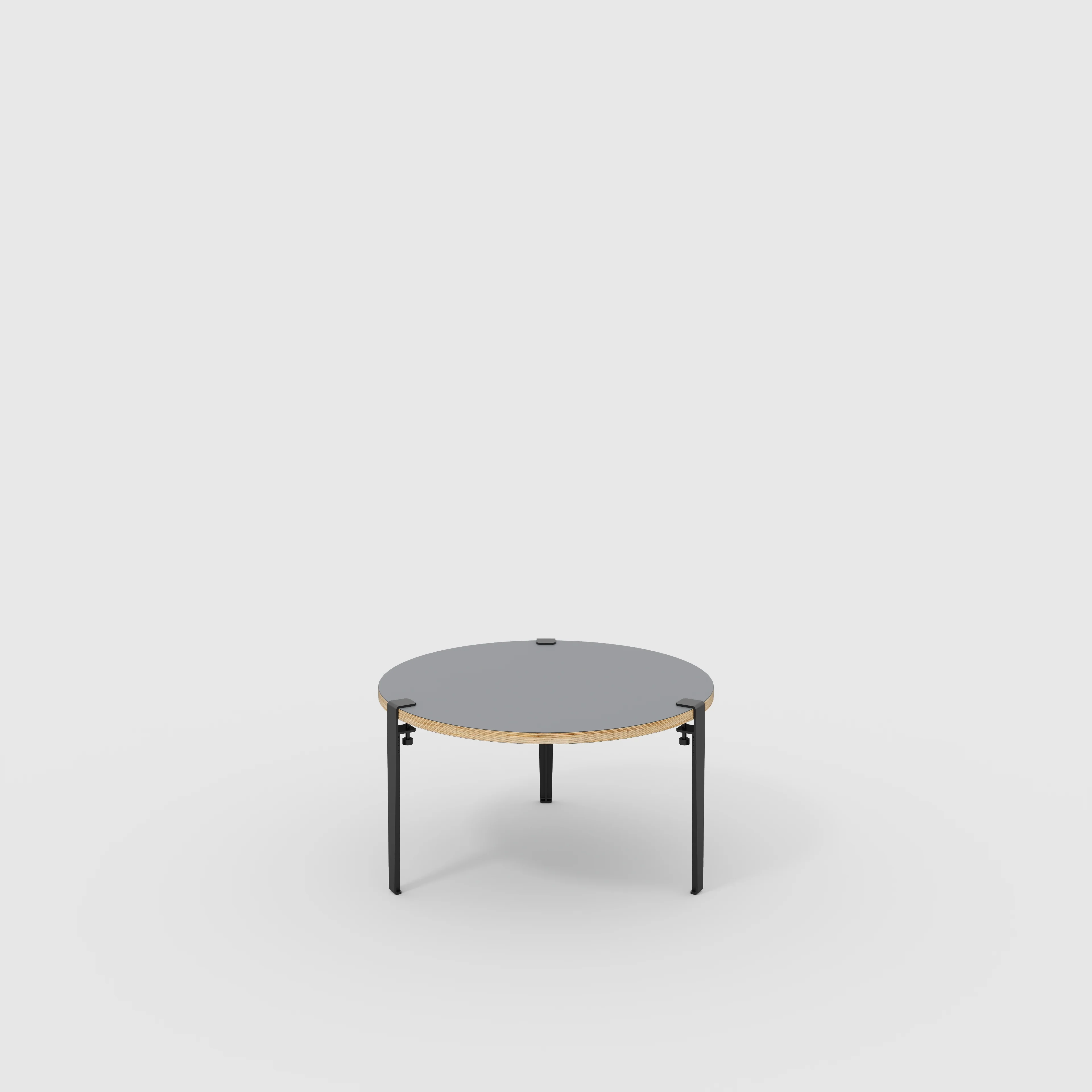Plywood Round Coffee Table with Black Tiptoe Legs - Formica Tornado Grey - 800(dia) x 430(h)