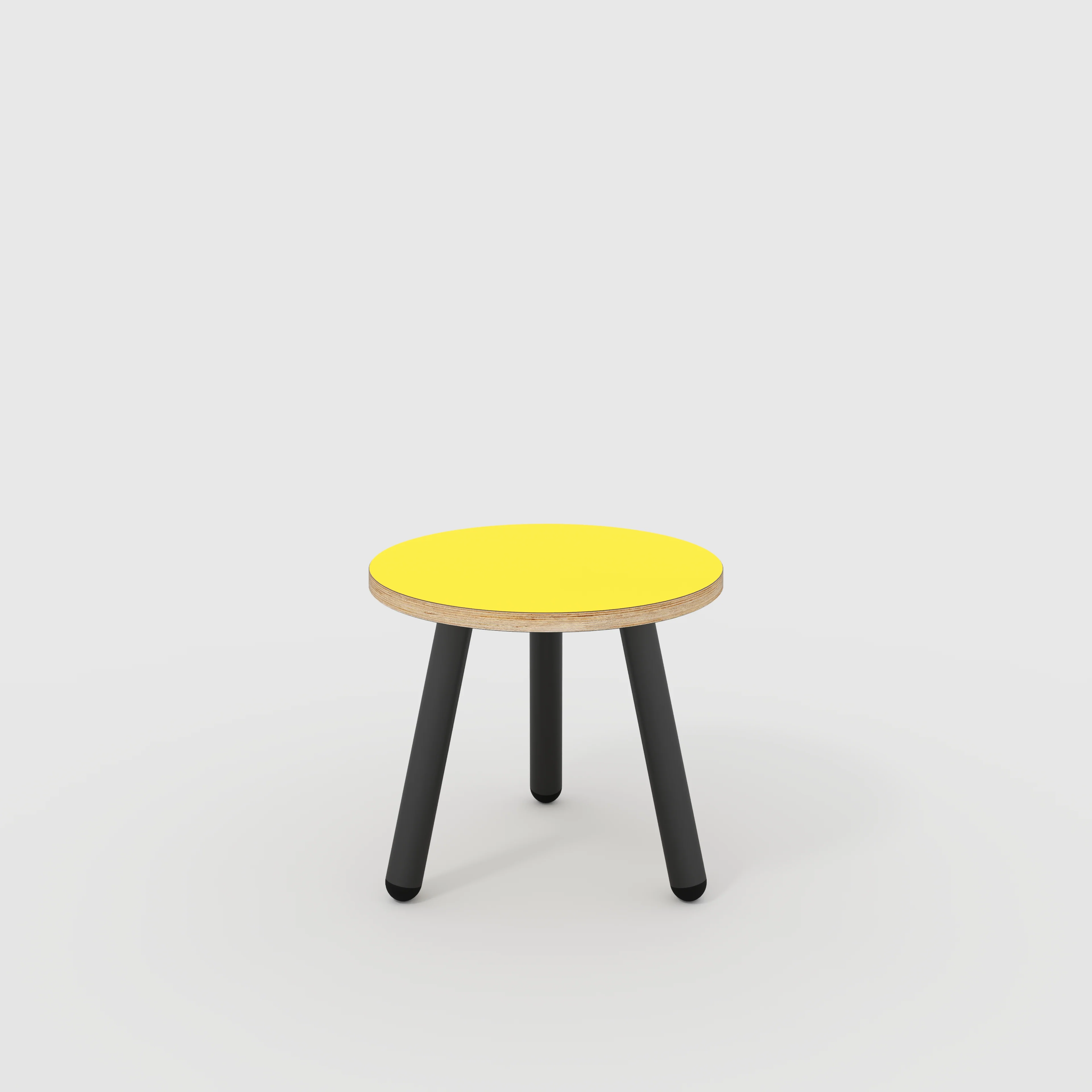 Plywood Round Side Table with Black Round Single Pin Legs - Formica Chrome Yellow - 500(w) x 500(d) x 425(h)