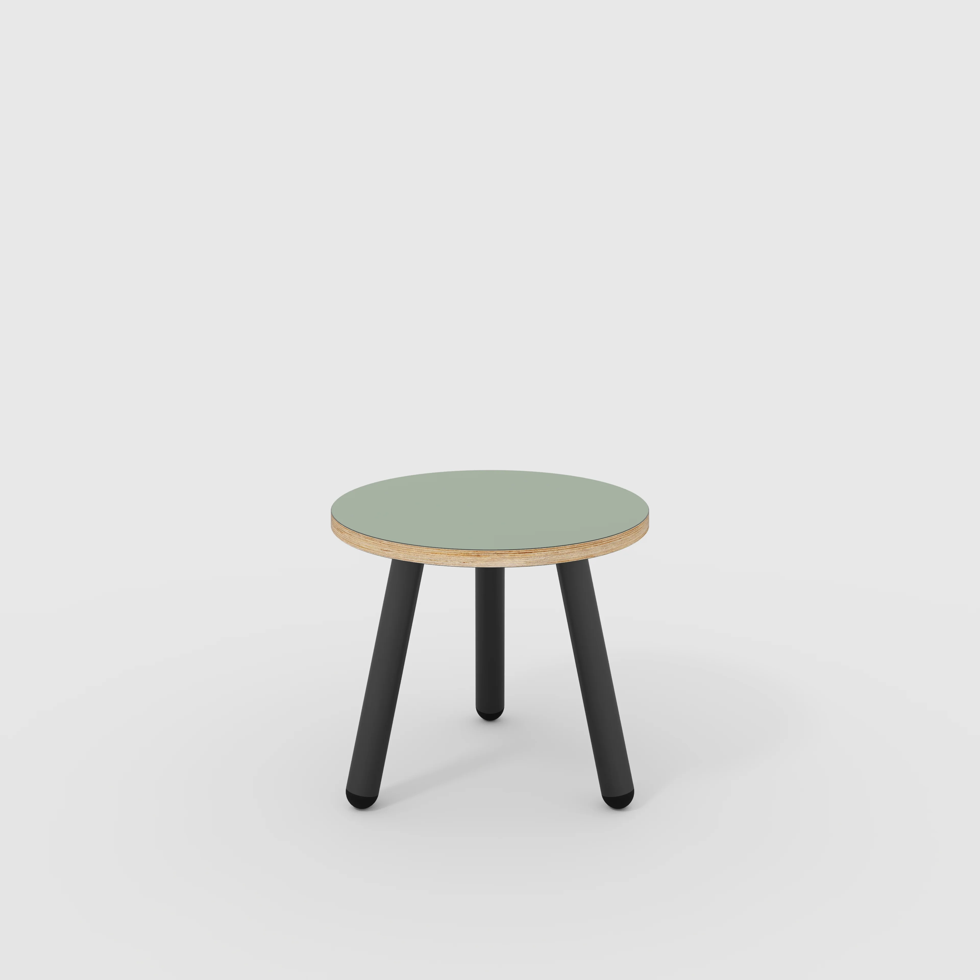 Plywood Round Side Table with Black Round Single Pin Legs - Formica Green Slate - 500(w) x 500(d) x 425(h)