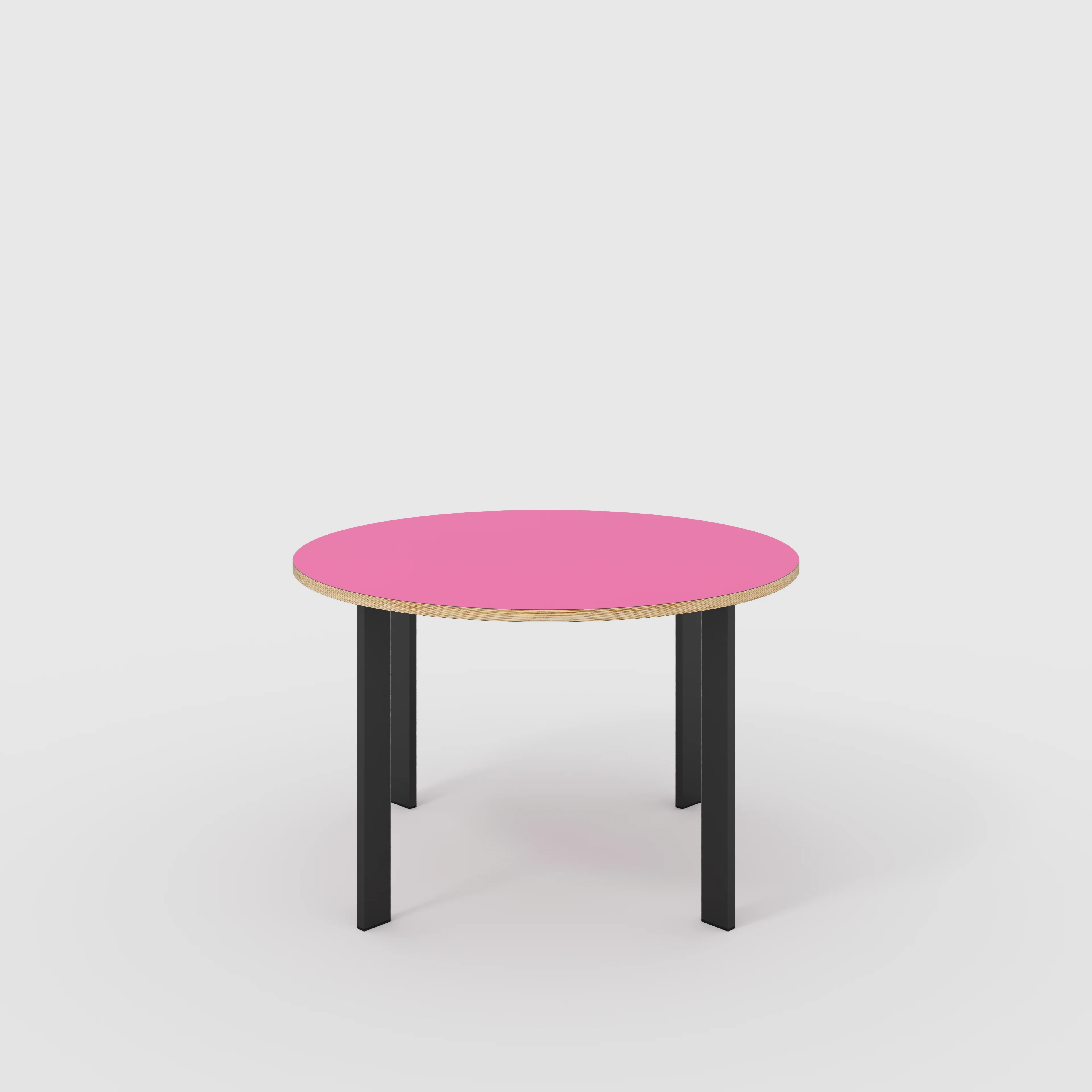 Plywood Round Table with Black Rectangular Single Pin Legs - Formica Juicy Pink - 1200(dia) x 735(h)