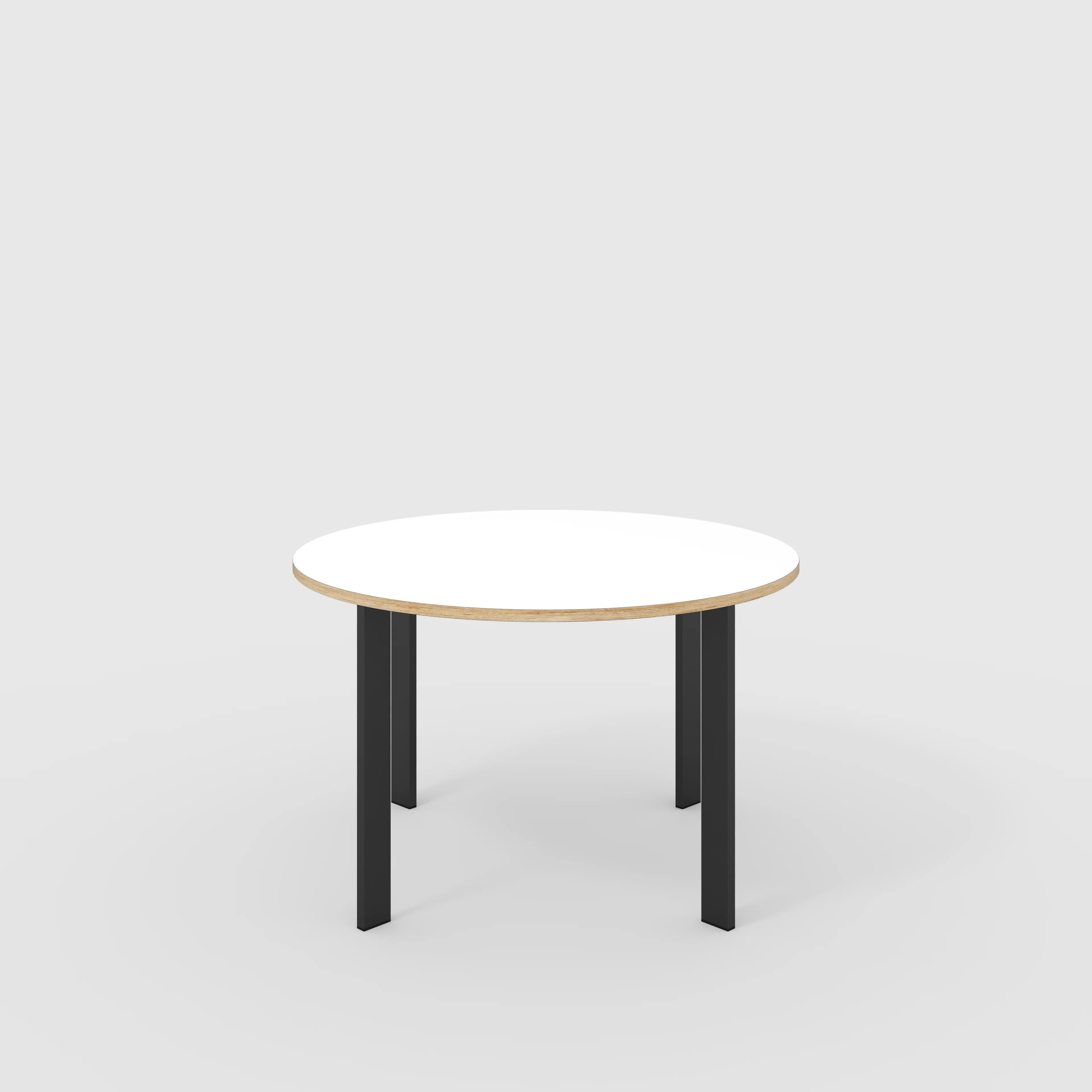 Plywood Round Table with Black Rectangular Single Pin Legs - Formica White - 1200(dia) x 735(h)