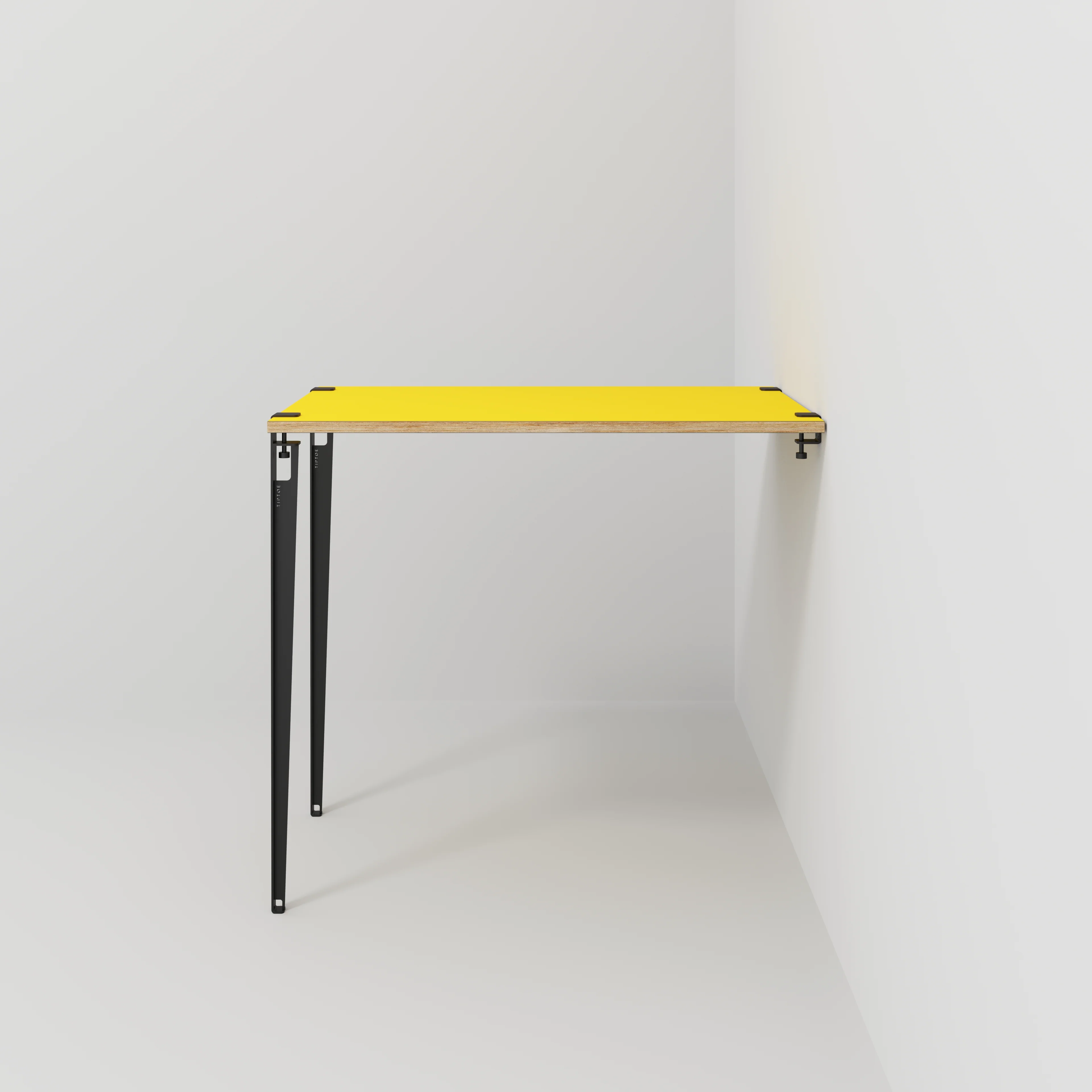 Plywood Wall Table with Black Tiptoe Legs and Brackets - Formica Chrome Yellow - 1200(w) x 800(d) x 1100(h)